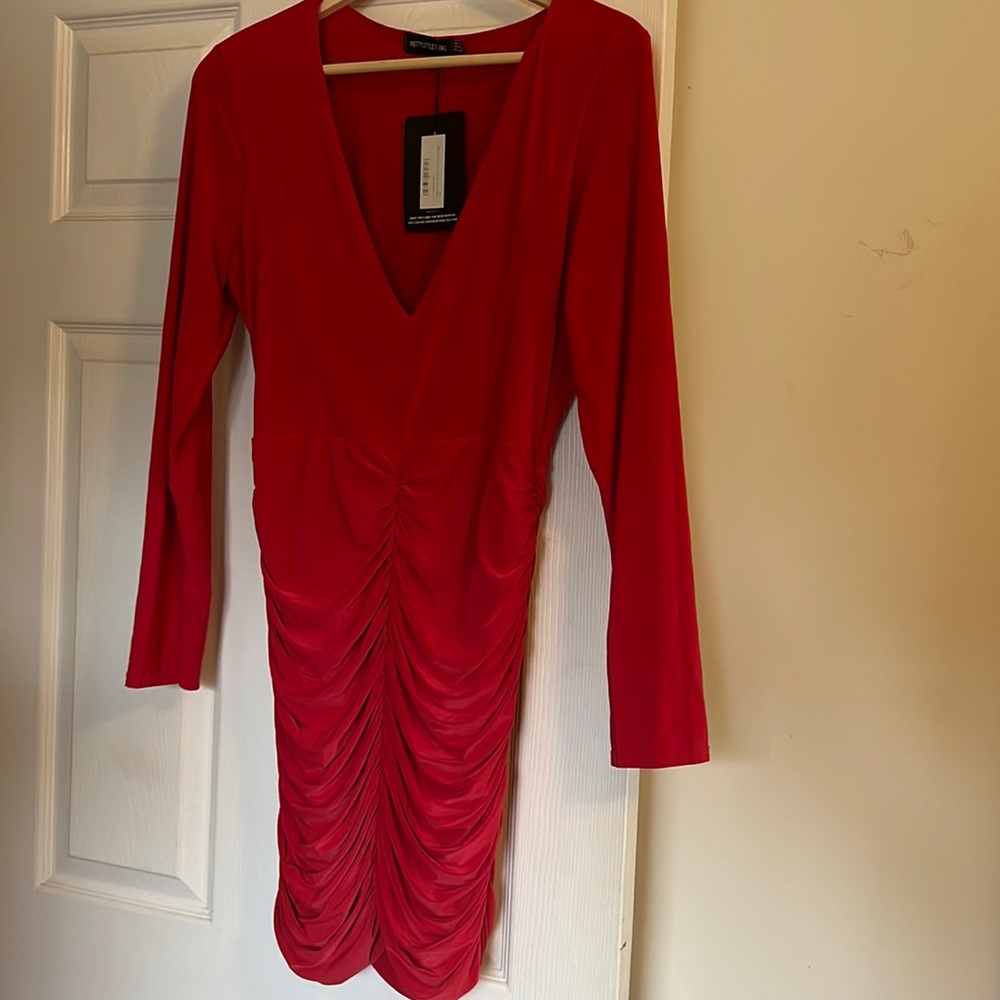 Pretty Little Thing Red Slinky Ruched Mini Dress Size US14